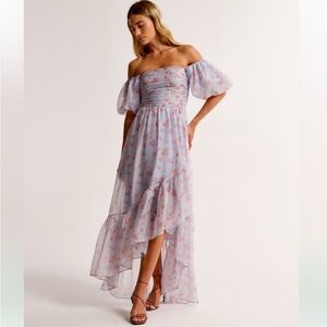 Abercrombie & Fitch Light Blue Off-Shoulder Floral High-Low Dress